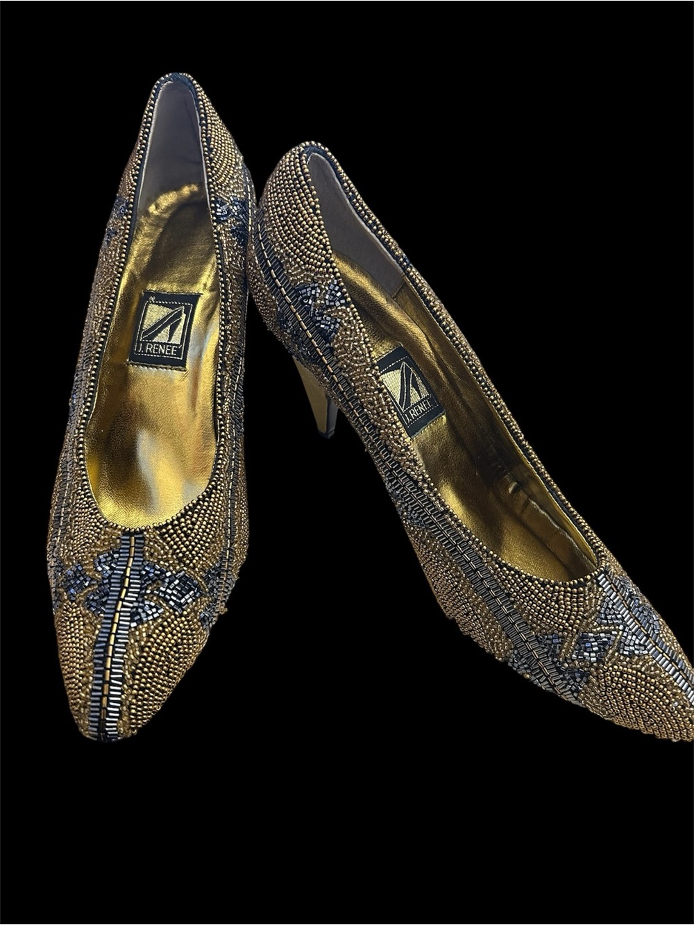 J.Renee Metallic Gold and Black Beaded Pointed Heels